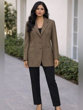 Giorgio Armani Brown Blazer with Notched Lapels and Structured Shoulders Chevron